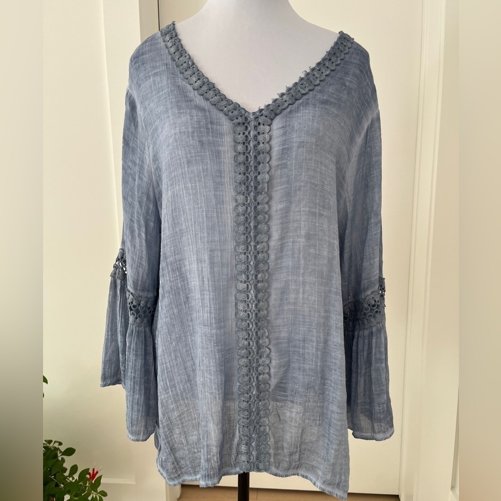 SPENSE Bell Sleeve V Neck Over Dyed Boho Romance Popover Blouse Lace Trim Casual